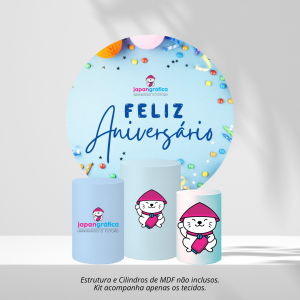 KIT FESTA PERSONALIZADO HELANCA PLUS 0.120 G/M2 1,50m x 1,50m 4x0 COR - IMPRESSÃO ULTRA HD SUBLIMÁTICA EPSON ESTRUTURA E CILINDROS NÃO INCLUSOS COSTURA OVERLOQUE COM ELÁSTICO 01 TECIDO REDONDO E 03 TECIDOS CILÍNDRICOS